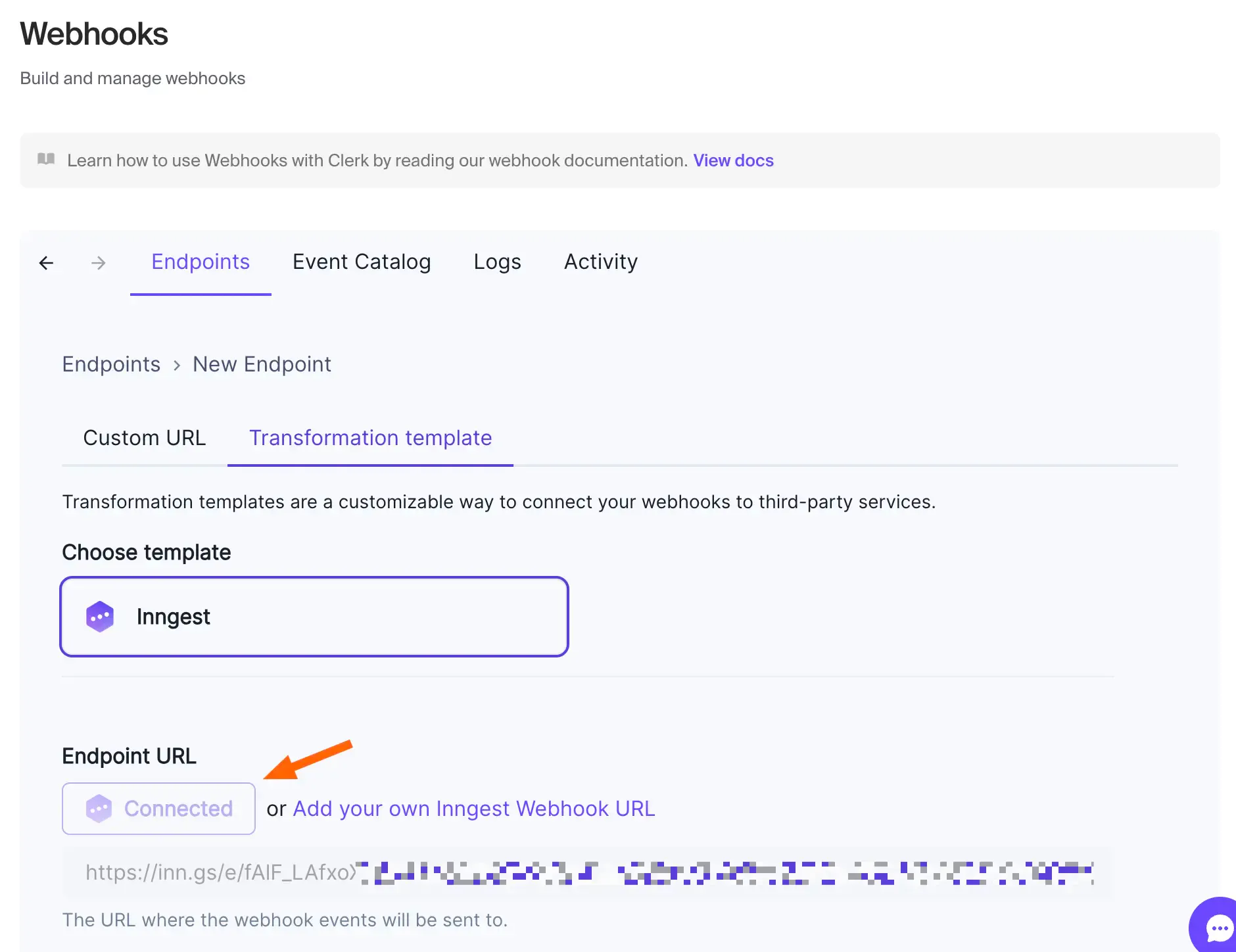 The Webhooks page in the Clerk Dashboard showing a connected Inngest account. A red arrow points to the Connected button.