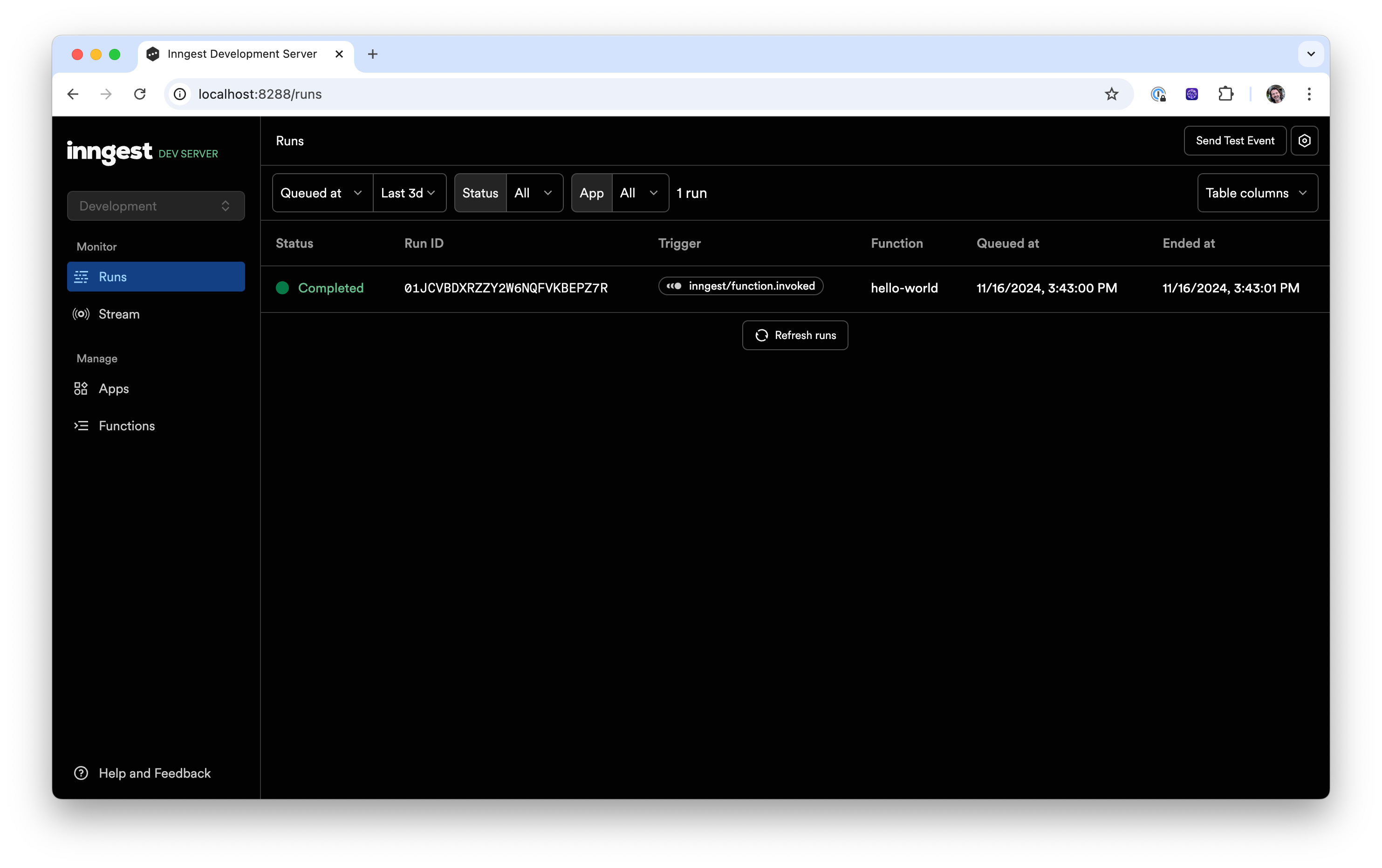 Inngest Dev Server web interface's runs tab with a single completed run displayed